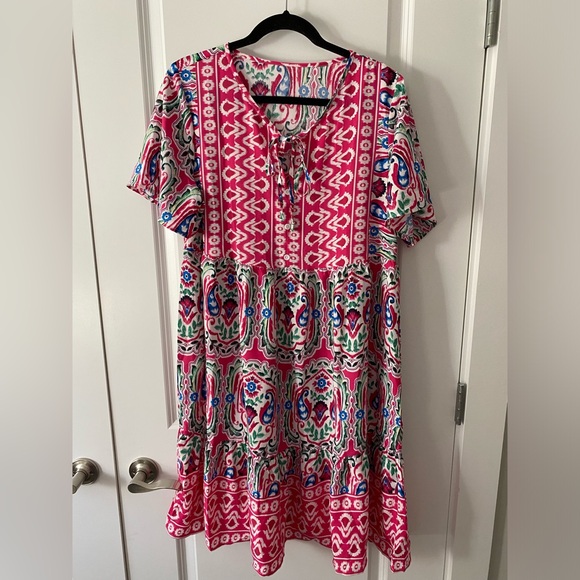 Mosul Mosaic: Pink Bohemian Print Tie Neck Ruffle Hem Dress Size Large Midi - Picture 3 of 8